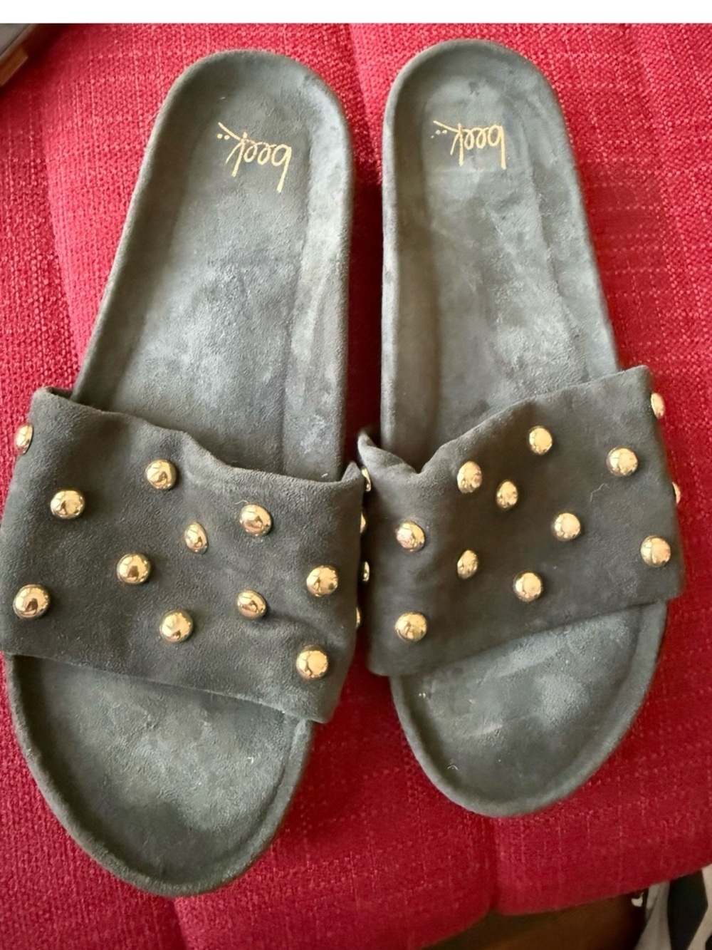 beek  Slide Sandals with Gold Studs olive green